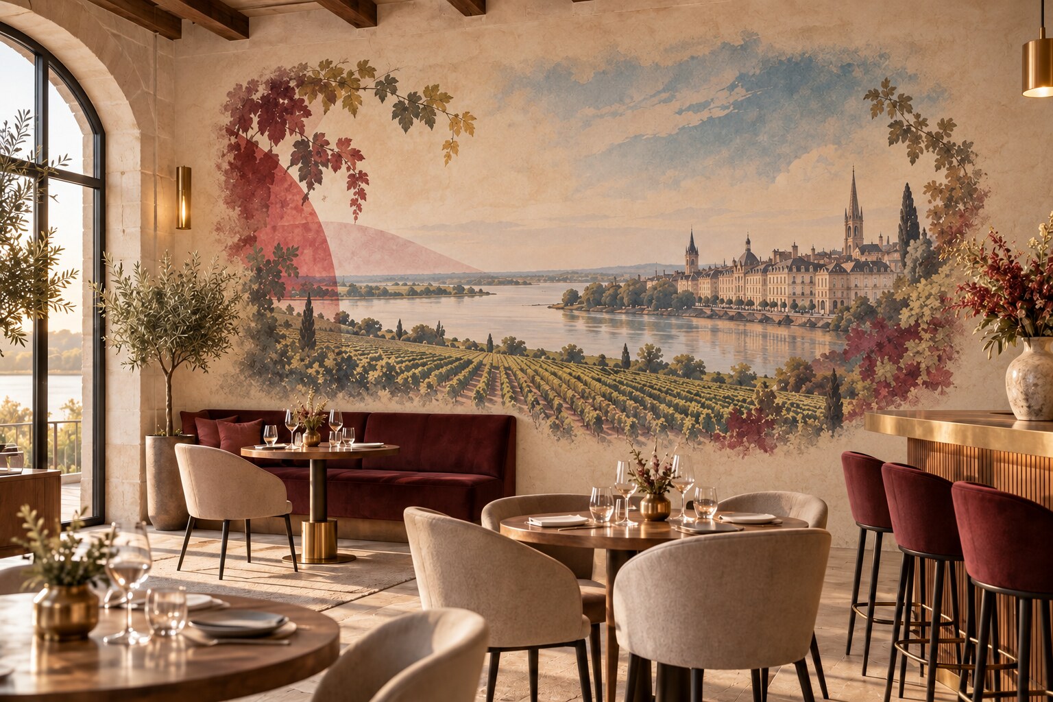 Mural imprimé inspiré des vignes et de la Gironde dans un restaurant élégant