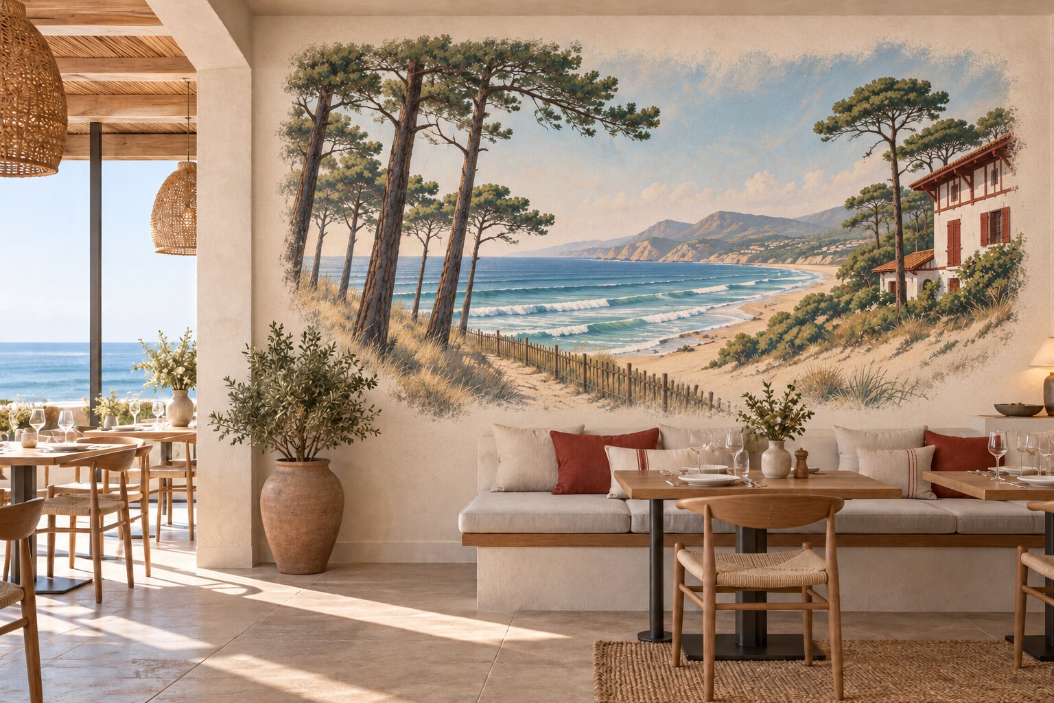Mise en situation d’une fresque murale inspirée de l’océan et des pins des Landes dans un hôtel